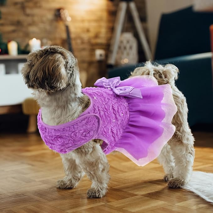 ASENKU Dog Dress Pet Wedding Dress Puppy Birthday Party Outfit, Purple M | Dog Flower Girl Dress With Leash Hole, Princess Puppy Dress For Weddings, Daily Wear, Fits Small Medium Large Dogs Cats