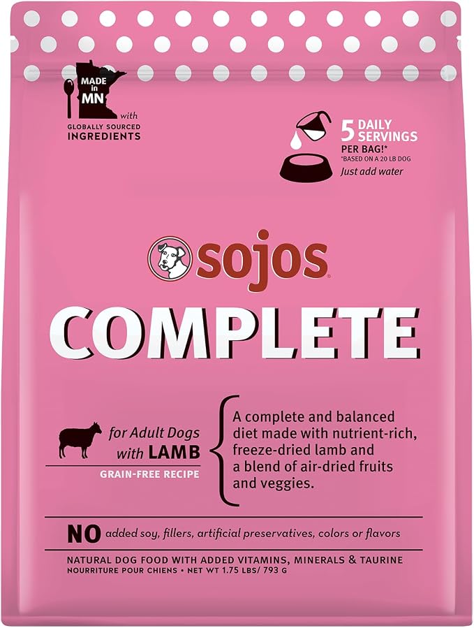 Sojos Complete Freeze Dried Raw Adult Dry Dog Food, Grain Free, Natural, Lamb Recipe, 1.75 lb Bag