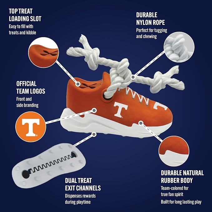 NCAA Tennessee Volunteers Cleat Sneaker Spike Dog Toy, Treat Dispenser Chew Toy for Dogs, Interactive Rope Tug Toy, Slow Feeder Natural Rubber Dog Toy with Official Team Logo for Puppies & Adult Dogs