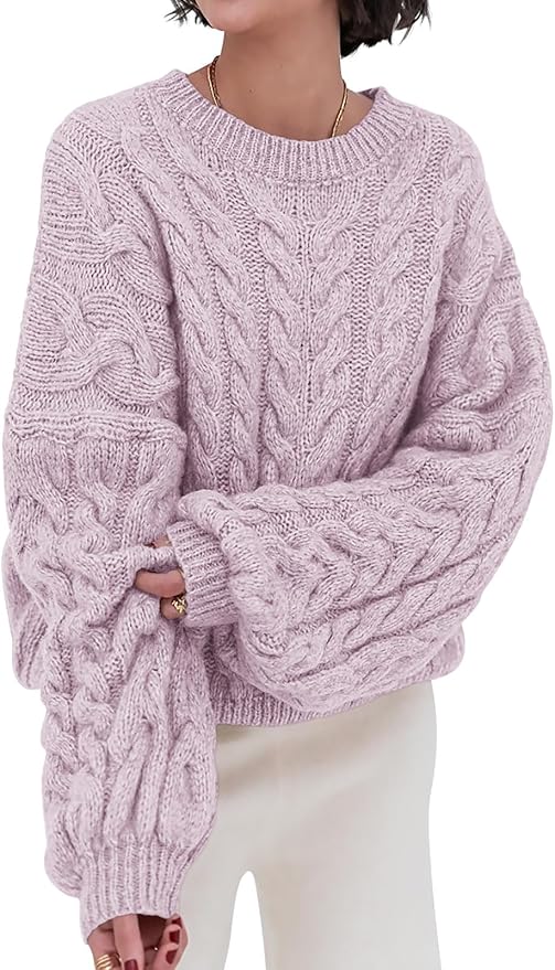 PRETTYGARDEN Womens Sweaters Spring 2026 Cable Knit Long Sleeve Crewneck Oversized Sweater Chunky Pullover Loose Outfits