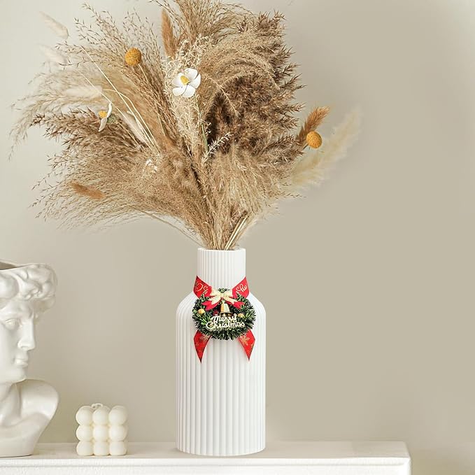 Pure White Ceramic Flower Vase for Christmas, Minimalist Modern Home Decor, Matte Finish Pampas Grass Vase for Table, Fireplace, Shelf, Mantel, Entryway and Centerpieces