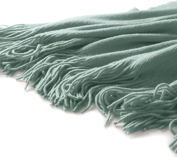 Homiest Sage Green Knitted Throw Blanket with Fringe, 50x60 Inch | Pure Acrylic, Lightweight & Breathable, All-Season Use, Machine Washable, Wrinkle & Fade Resistant, for Couch Sofa And Bed