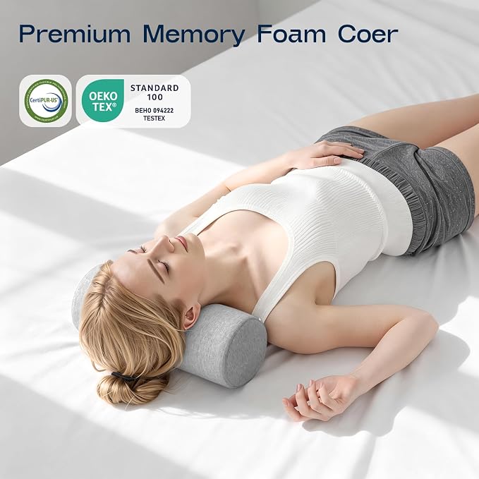 Neck Roll Cervical Pillow for Neck Pain Relief - Memory Foam Neck Pillow for Bed | Round Neck Pillows for Sleeping (Grey, Large - 6.0" H)