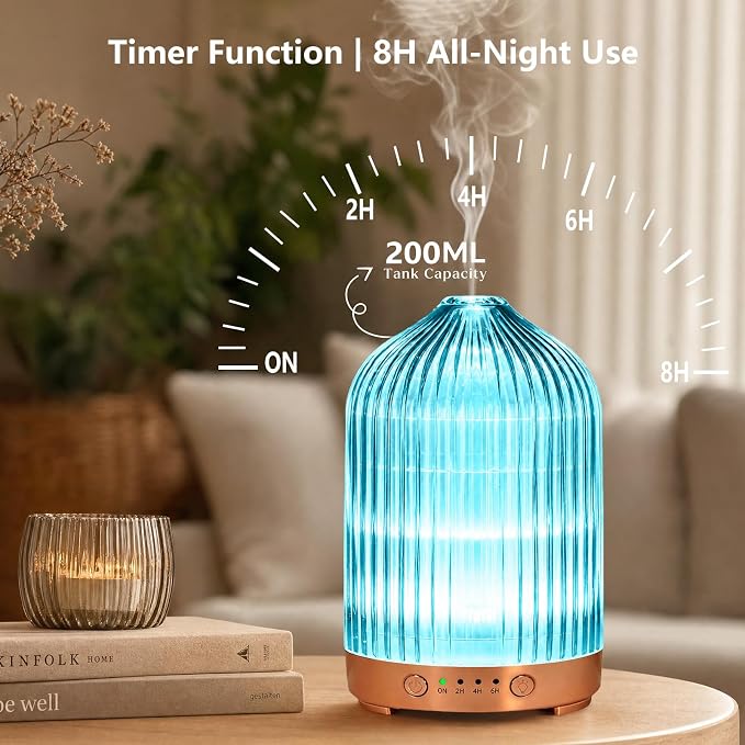 Essential Oil Diffuser for Home- 200ml Aromatherapy Diffuser for Essential Oils with 4 Timer, 7 Color LED Lights Waterless Auto Shut-Off for Home Office Décor Gifts for Women