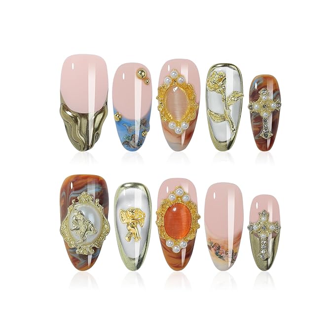 Handmade Press On Nails Almond - Luxury 3D Design Fake Nails with French Tips Short, Salon Quality | 3 Sizes - 10 Acrylic Nail Kit
