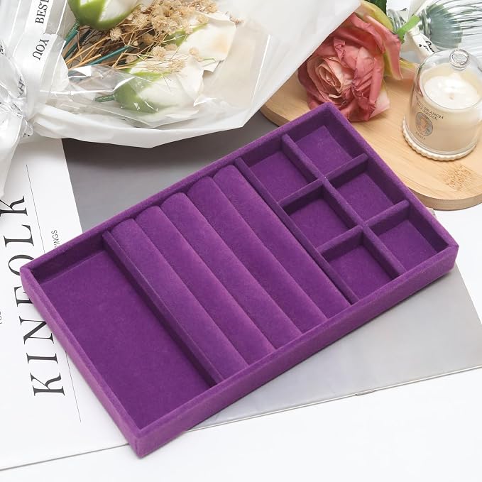 Velvet Jewelry Trays for Drawers, Purple 3-in-1 | Stackable Jewelry Drawer Organizer, Ring Earring Necklace Bracelet Organizer Storage Display Tray with Removable Dividers