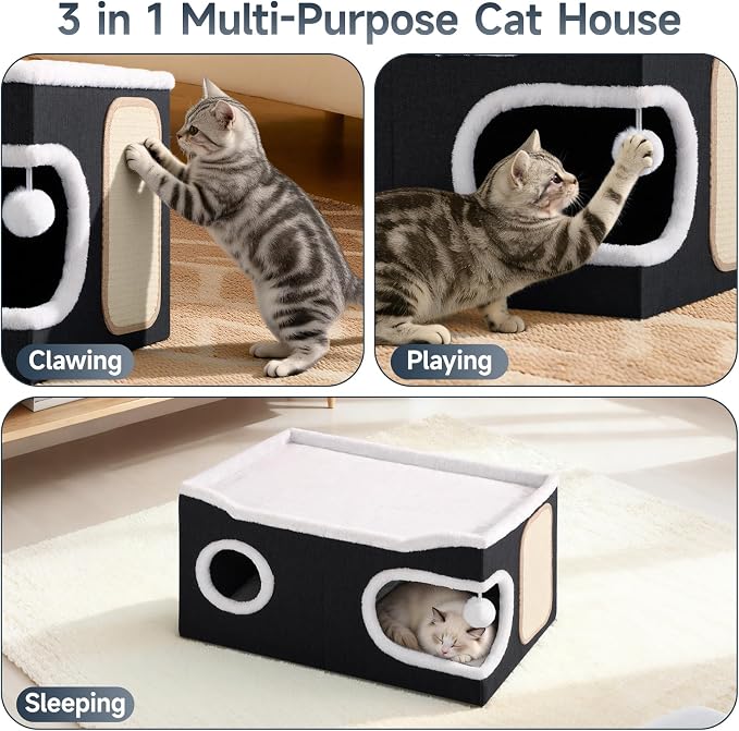 Shikha Extra Large Cat House Bed for Multi Cats with Scratch Pad Black | 24 x 17.7 x 12.6 IN Widen Cat Cave Cube for Multi Pets, Foldable, Arc-Edge Design, Oval Door, All Seasons Reversible Cushion