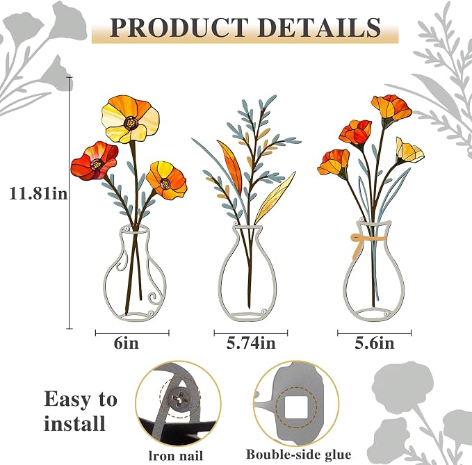 3 Pcs Metal Flowers Wall Arts,Yellow Metal Vase Wall Art,Iron Art Painting,Rustic Farmhouse Decor Minimalist Flower Decor for Bedroom Bathroom Living Room Dining Room(Yellow, Vase-C)