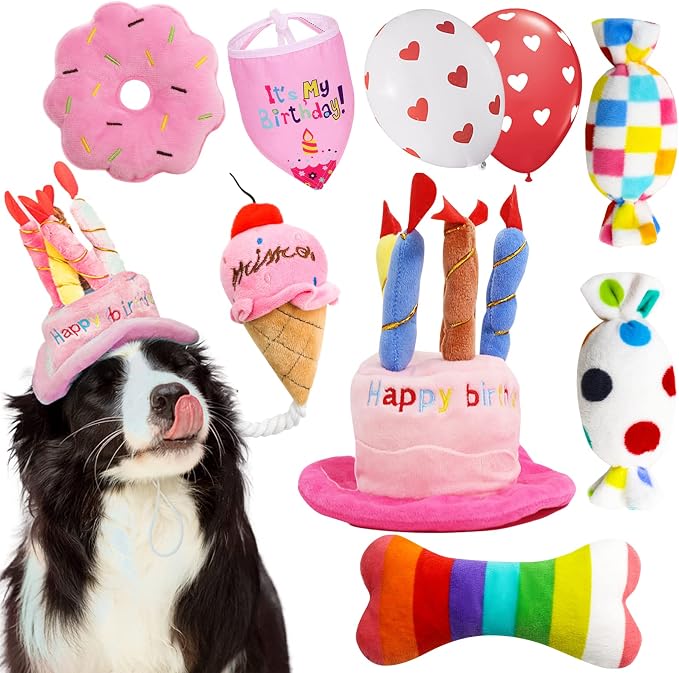 lilfrd 9Pcs Pink Dog Birthday Toy Set, Squeaky Hat Bandana Gift for Dogs
