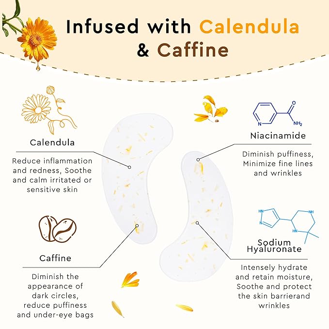 Under Eye Patches for Women Calendula Caffeine Eye Mask for Dark Circles, Puffy Eyes, Undereye Bags, Soothing Brighten Skin Care- Travel Essentials- Bachelorette Party Favors Gift