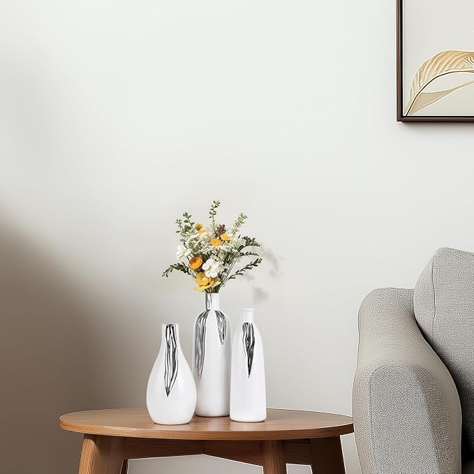 White and Silver Vase Set of 3, Modern Ceramic Decorative Vases for Living Room, Bedroom, Art Decor, Mantle, Home Event Decor, Office Decorative, Weddings, Rustic & Farmhouse (White Silver)