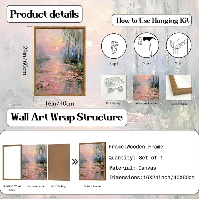 Framed Vintage Monet Canvas Wall Art, Pink Water Lilies Floral Pictures Wall Decor, Impressionist Sunset Landscape Paintings Prints Nature Aesthetic Artwork for Living Room Bedroom 16x24 inch