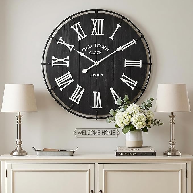 EMAX HOME 24 Inch Vintage London Style Wall Clock, Black Wood Grain Background with White Roman Numerals, Rustic Metal Frame, Silent Non-Ticking Clock for Fireplace Mantel, Entryway, or Dining Area.