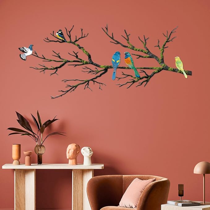 ESTART Metal Birds Wall Art, Metal Vivid Birds on Branch Silhouette Wall Decor Black Leaves with Bird Outdoor Hanging Wall Sculpture for Home Balcony Garden (Bright Color, Small)