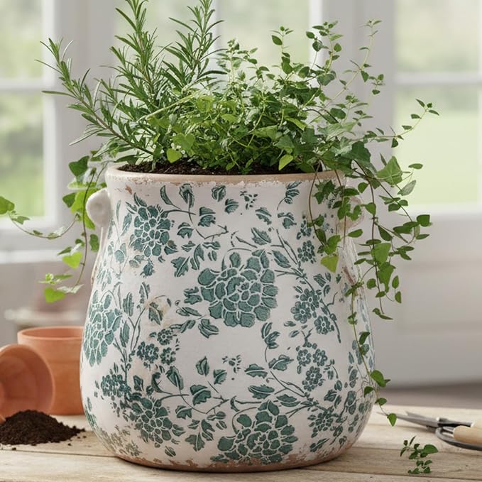 Tuscan Ceramic Planters & Kitchen Utensil Holder, 6.68" Vintage Plant Pots | Flower Pot with Drainage for Indoor/Outdoor, Country Cottage Vase for Home Garden Decor, Gifts for Plant Lovers, Cyan