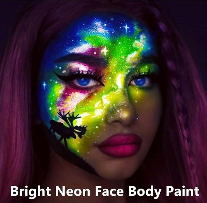 Go Ho UV Blacklight Neon Yellow Face Body Paint,Water Based Bright Color Neon Fluorescent Body Paint with Cushion Applicator,Glow In The Dark Under UV Lighting Party Halloween Makeup Washable
