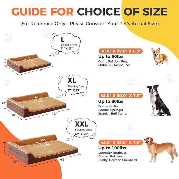 XL Orthopedic Dog Bed for Large Sized Dogs, 42"x30"x7.5", Brown | Waterproof, Washable Cover, L-Shaped Pet Couch, Egg-Crate Foam for Pressure Relief, Portable Handle