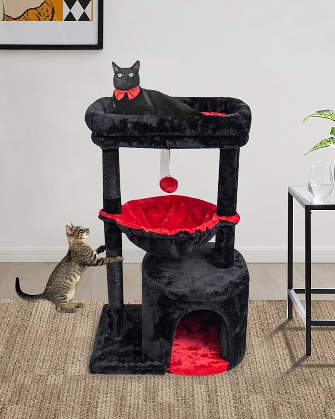 SYANDLVY Gothic Cat Tree with Coffin Bed for Indoor Cats, Modern House | Small Activity Tower with Scratching Post, Condo & Cradle, Kittens Cave, Black & Red
