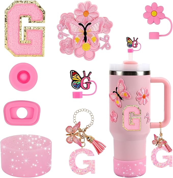 15PCS Cup Accessories Set for Stanley Cup 30oz 40oz Tumbler with Handle, Including Silicone Straw Cover and Boot, Spill Proof Stopper, Stanley Charms, Handle Charm, Initials Sticker