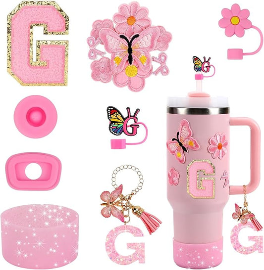15PCS Cup Accessories Set for Stanley Cup 30oz 40oz Tumbler with Handle, Including Silicone Straw Cover and Boot, Spill Proof Stopper, Stanley Charms, Handle Charm, Initials Sticker