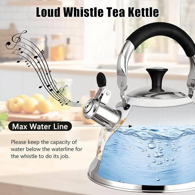Stainless Steel Whistling Tea Kettle Stovetop - 3.1QT Tea Pot for Stove Top, Vintage Floral Print, Foldable Handle, 304 Stainless Steel Interior Teatop for Tea, Coffee, Party & Gift