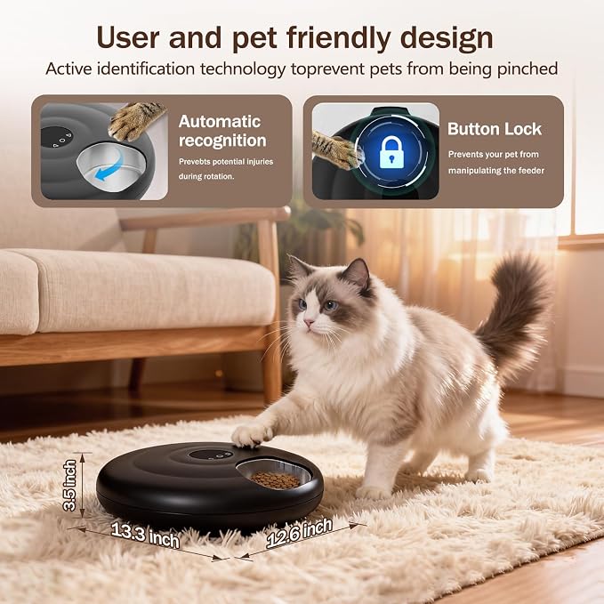 Automatic Wet Food Cat Feeder 6 Meal with Stainless Steel Tray, Auto Refrigerated Wet Foods Feeder for Cats Dogs, Programmable Timed Fresh Foods Dispenser with 2 Ice Packs for Kitty Puppy Cat Dog