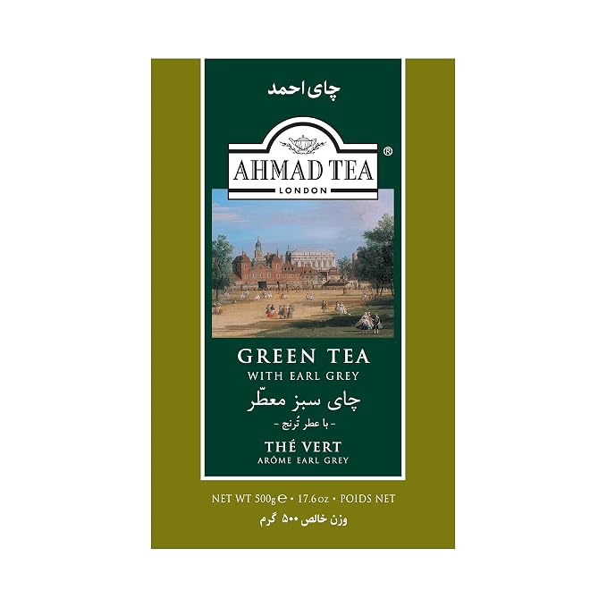 Ahmad Tea Green Tea, Green Tea with Earl Grey Loose Leaf, 500g - Caffeinated and Sugar-Free (Pack of 2)
