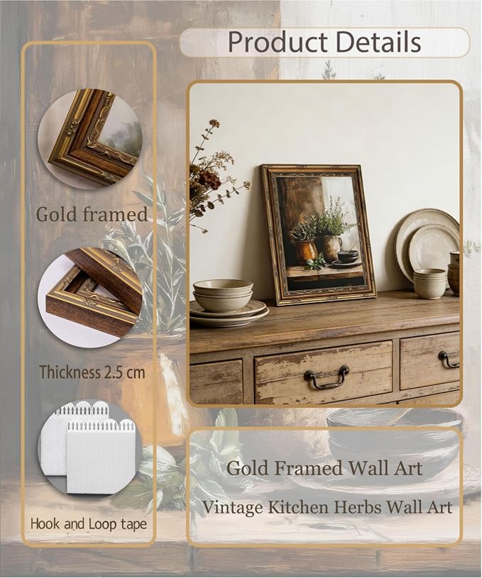 Gold Framed Wall Art Vintage Kitchen Herbs Wall Art Rustic Farmhouse Kitchen Still Life Wall Decor Picture Moody Country Cottage Botanical Poster Print for Dining Room 9x11in