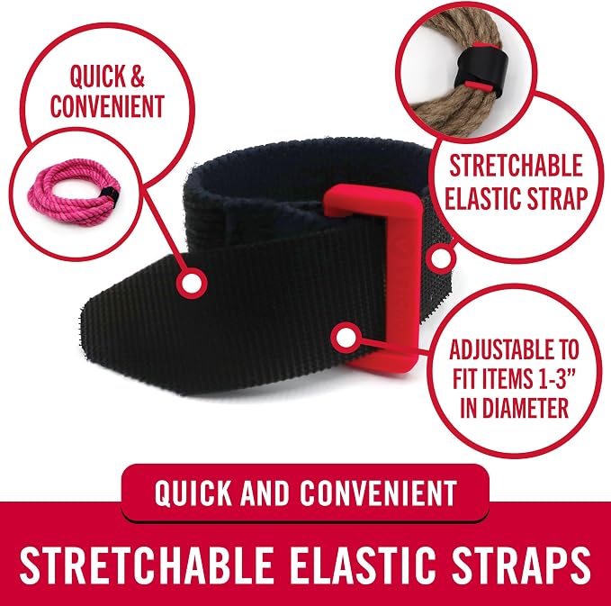 VELCRO Brand VEL-30791-AMS Elastic Cinch Straps with Buckle | 8in x 1in, Pk of 4 | Fully Adjustable and Stretch for Snug Fit | for Fastening Power Cords, Ropes, Organizing Cables, More | Black
