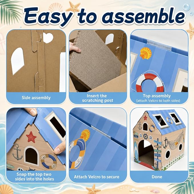 Cinrobiye Cardboard Cat House with Scratcher, Indoor Cat Condo Cat Cave Hideout with Scratch Pad, Cardboard Cat Playhouse Bed for Cats, Kittens, Rabbits & Small Pets (Seaside)