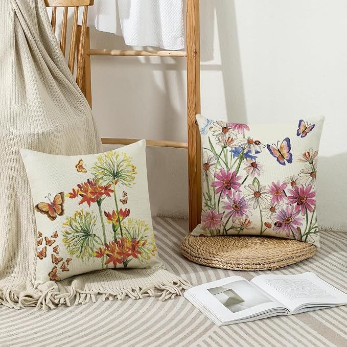 wyooxoo Throw Pillow Covers 20x20 Set of 4 Summer Spring Pillow Covers Flower Butterfly Farmhouse Cushion Case for Sofa Couch Outdoor Patio