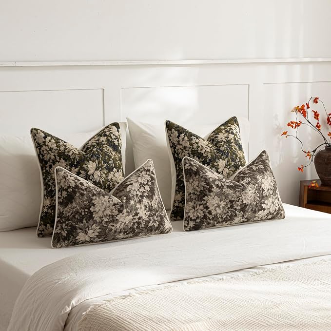 Pack of 2 Vintage Floral Pillow Covers 12x20 Boho Farmhouse Accents Chenille Rectangular Lumbar Decorative Throw Pillow Cases for Living Room Couch Bed Home Decor, Grey