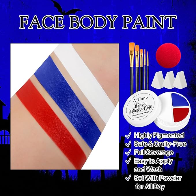 Blue White Red Face Body Paint Halloween makeup Kit, 3 colors Cream Blendable Paints with 5 Brushes, Sponge Applicators & Clown Nose Face Painting Set for Kids Adults Devil SFX Clown Costume Cosplay