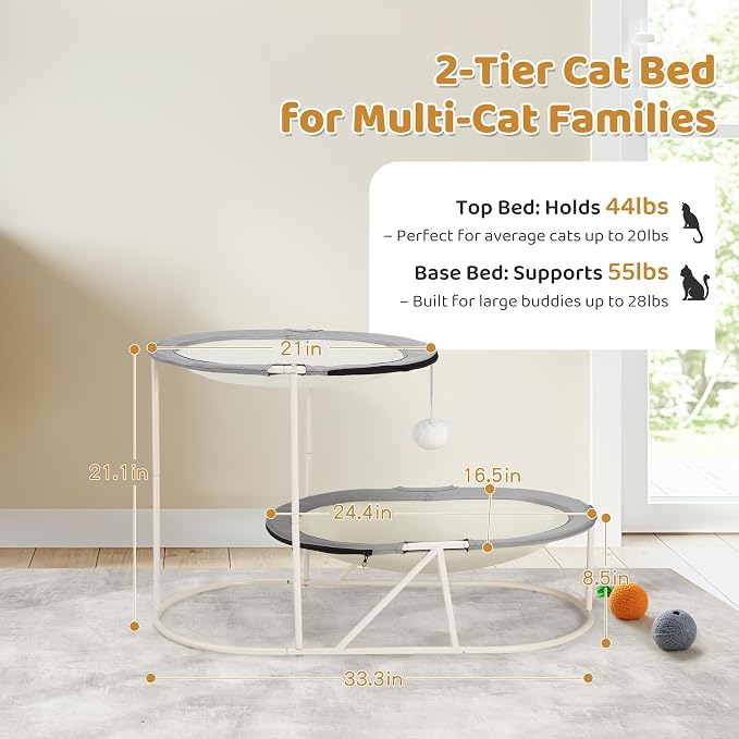 Erinnyees 2-Tier Elevated Cat Hammock Bed, Breathable Oxford for Multi-Cat Households, with Removable Washable Mesh, Sturdy Triangular Base & Steel Frame, Mesh Pet Furniture for Indoor & Outdoor Use