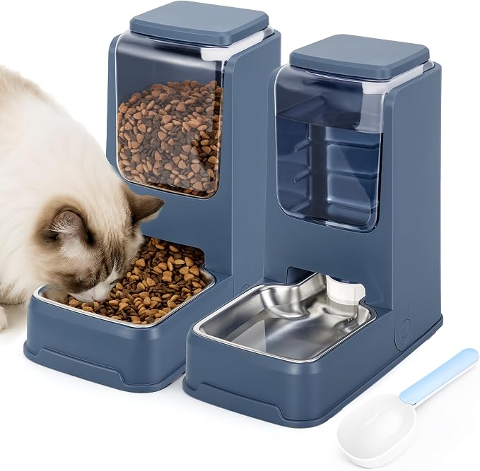 2 Pack Automatic Cat Feeder Stainless Steel Gravity Food and Water Dispenser for Small Medium Kitten Puppy Pets (Blue)