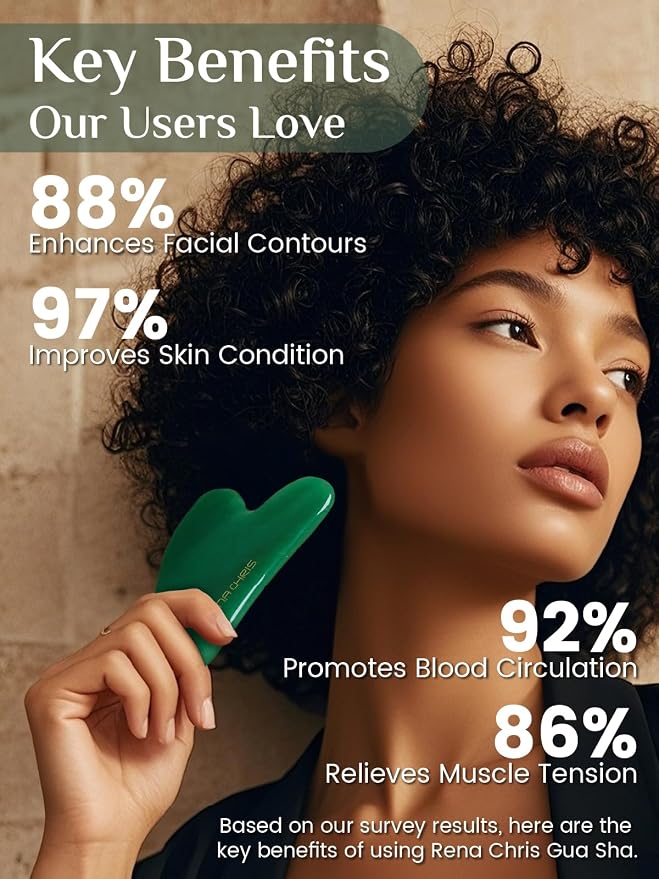 Rena Chris Gua Sha Facial Tools: Jade Stone Guasha Tool for Face Acupuncture Therapy, Facial Massager for Jawline Sculpting and Puffiness Reducing (Green)