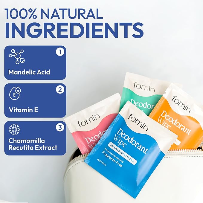 FOMIN Acidified Travel Deodorant Wipes For Women & Men - 50 Count - Variety Pack - pH Balanced, Mini Deodorant Travel Size Wipes - Plastic-Free, Individually Wrapped Underarm Body Wipe