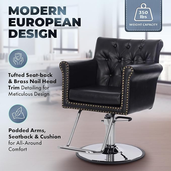 Buy-Rite Chelsea Styling Chair - Black Tufted Salon Chair with Nailhead Trim, 3.5" Removable Cushion, Hydraulic Pump & Padded Arms for Professional Stylists, NIN-9902-BLK