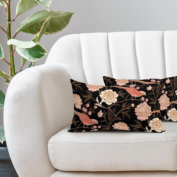 Pink White Roses Floral Lumbar Pillow Covers 12X20 Inch Set of 2 Retro Flowers Birds Gold Leaf Decorative Pillow Cases Art Vintage Black Cotton Linen Cushion Case Home Decor For Sofa Porch Outdoor