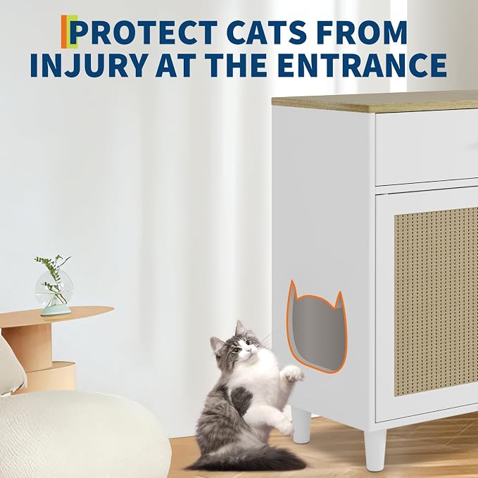 Cat Litter Box Enclosure, Wood Cats Litter Box with 2 Doors, Hidden Pet Storage Cabinet Furniture with Scratching Pad, Modern Cat Cabinet for Living Room, Entryway, White