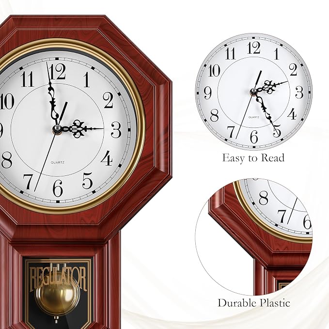Pendulum Wall Clock,Imitation Wood Plastic Regulator Wall Clocks,Red | Battery Operated,Non-Ticking,Retro Wall Decor Gift,Easy to Read,For Living Room,Dining Room,Schoolhouse,Farmhouse