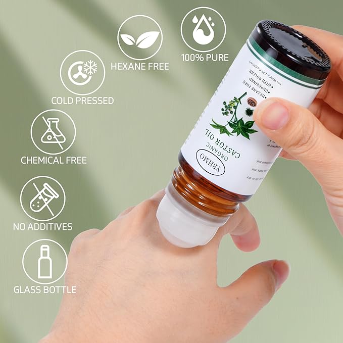 Organic Castor Oil Roll-On Glass Bottle - Cold-Pressed Hexane-Free, Certified Pure Castor Oil for Skin Care and Hair Care - 1.69 fl.oz