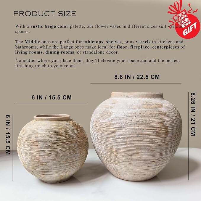 Rustic Ceramic Vintage Farmhouse Vase for Decor (Large Ribbed Beige) | Textured Vase Home Decor, 8.8 in Decorative Terracotta Round Bowl vase for Living Room, Table, Shelf, Kichen Décor