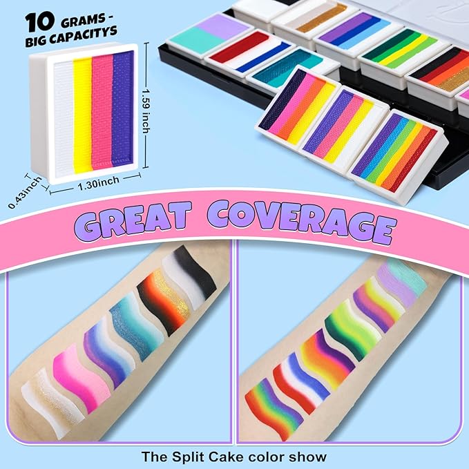 Professional Face Painting Kit for Kids Adults, Split Cake Face Paint Palette 12 x 10gm with Stencil, One Stroke Non Toxic Rainbow Face Body Paint Set Festival Makeup