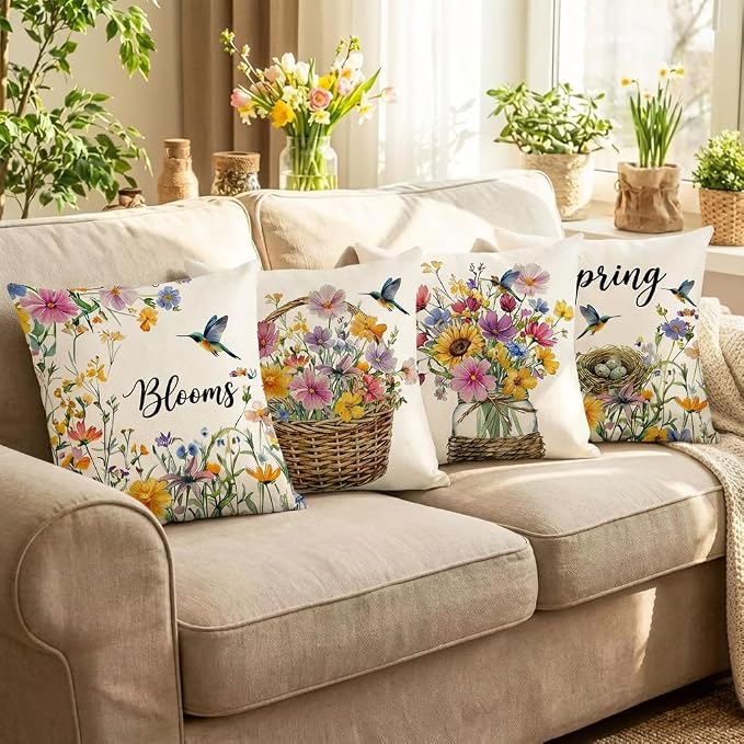wyooxoo Throw Pillow Covers 18x18 Set of 4 Spring Pillow Covers Linen Flower Bird Farmhouse Cushion Case for Sofa Couch Living Room Outdoor Home Decor