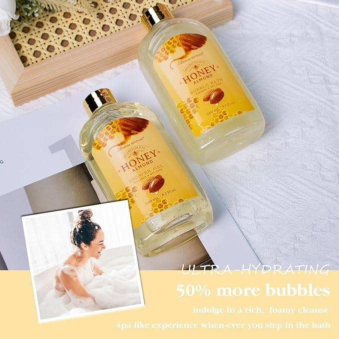Mothers Day Birthday Spa Gifts for Women, 8pcs Honey Almond Bath Gift Set for Women, Relaxation Self Care Spa Kit W/Bath Bomb, Bubble Bath, Mom Sister Female Christmas Thank You Gifts