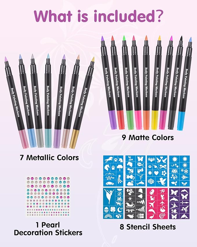 Lictin Temporary Tattoo Markers for Skin, 16 Colors Dual-End Skin Tattoo Pens with 80 Tattoo Stencils, Matte & Metallic Body Markers for Kids Teens and Adults, Flexible Brush Tip, Cosmetic-Grade