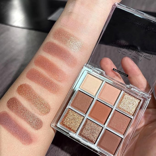 URQT Golden Caramel Eyeshadow Palette – 9 Warm Bronze & Nude Brown Shades with Matte & Metallic Finishes, High Pigment Blendable Palette for Natural to Glam Looks