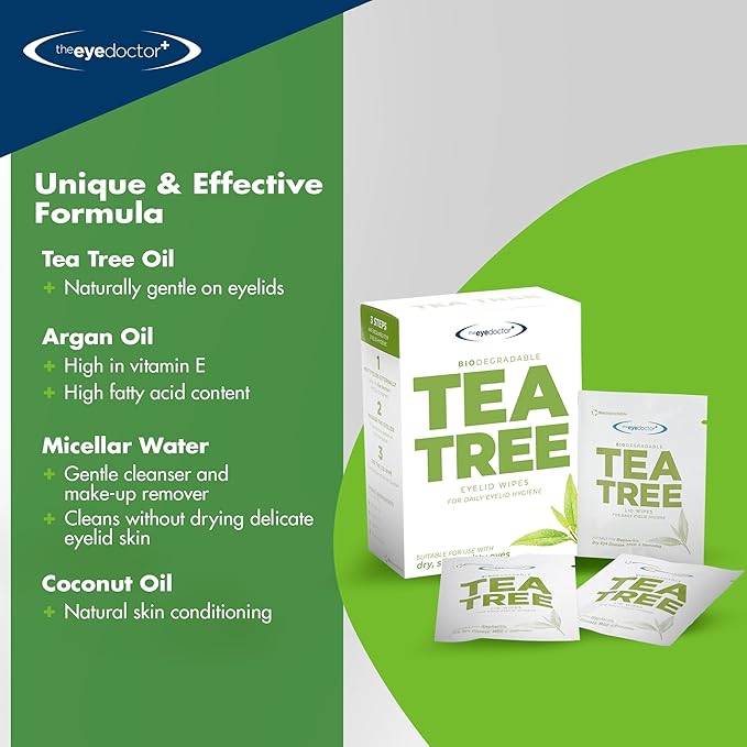 The Eye Doctor Tea Tree Oil Eyelid Wipes - 40 x Single Use Eye Cleaning Wipes for Daily Lid Care - Individual Preservative Free Sensitive Eye Cleaner - Soothes Cleans and Refreshes