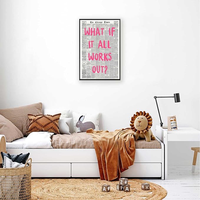 What If It All Works Out Poster Retro Newspaper Pink Font Canvas Wall Art Positive Affirming Quote Minimalist Prints Painting For Home Bedroom Dorm Wall Decor 16x24in Framed